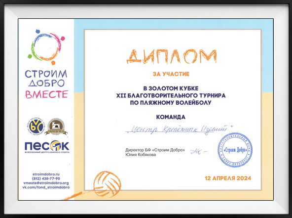диплом ЦКИ благотворительный турнир по волейболу